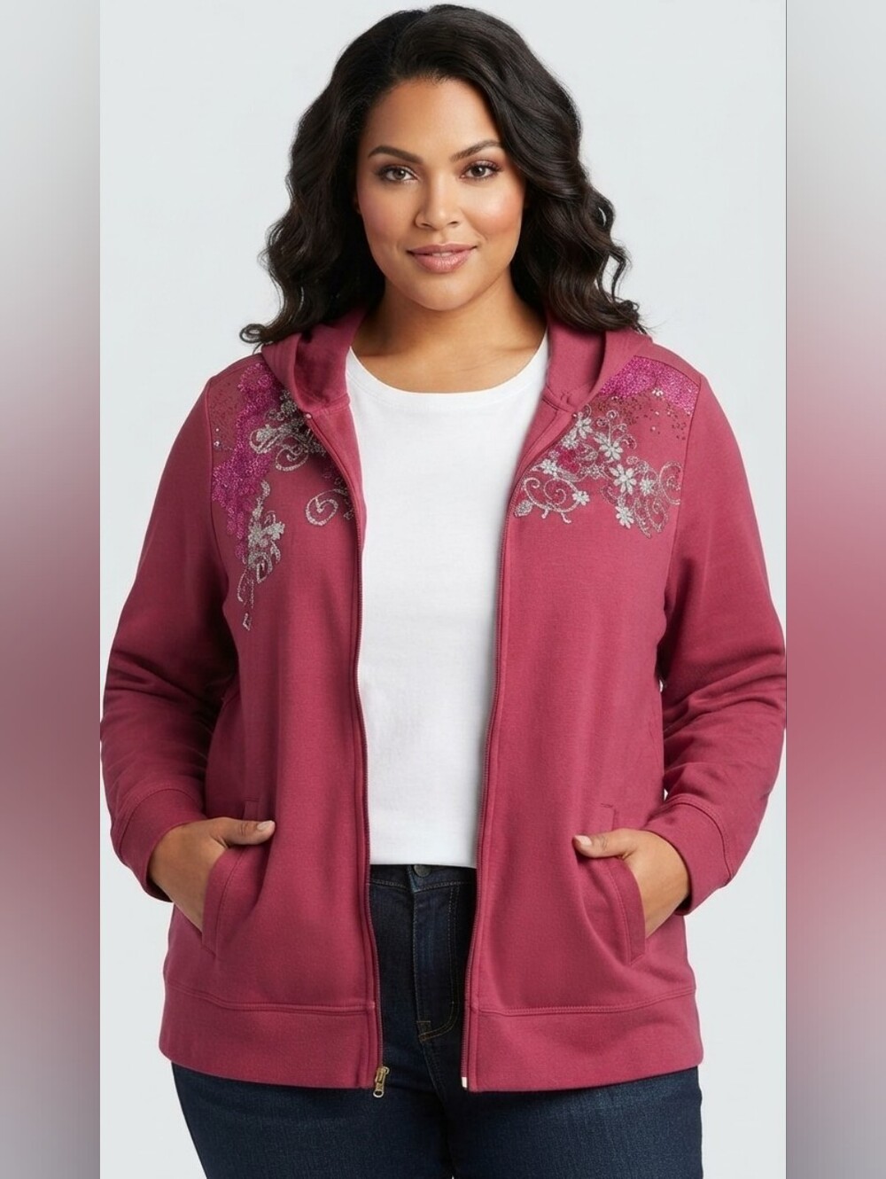 Fashion Bug Maroon Floral Zip-Up Hoodie Sequins Plus Size 2X Casual Jacket